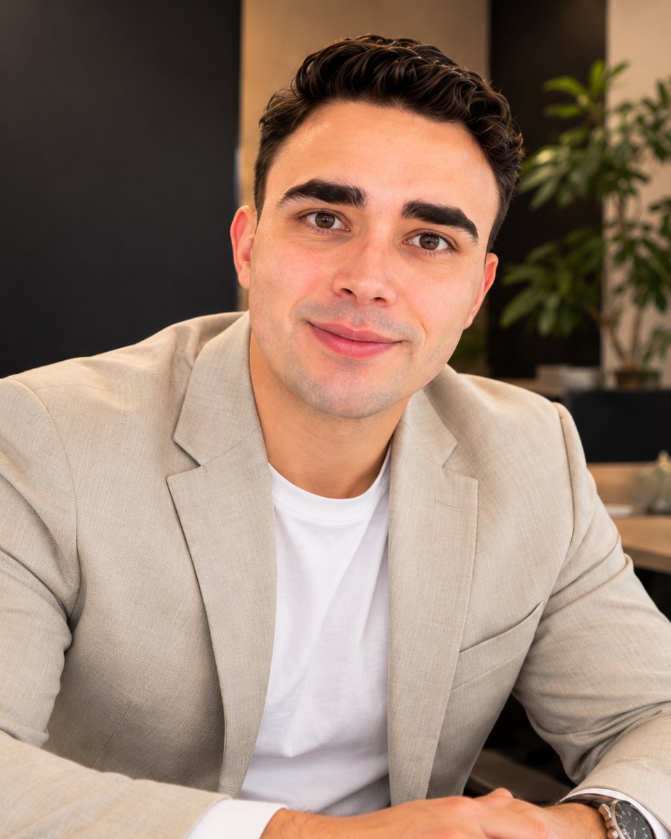 Guilherme Azevedo, consultor imobiliário, de blazer bege em um escritório
